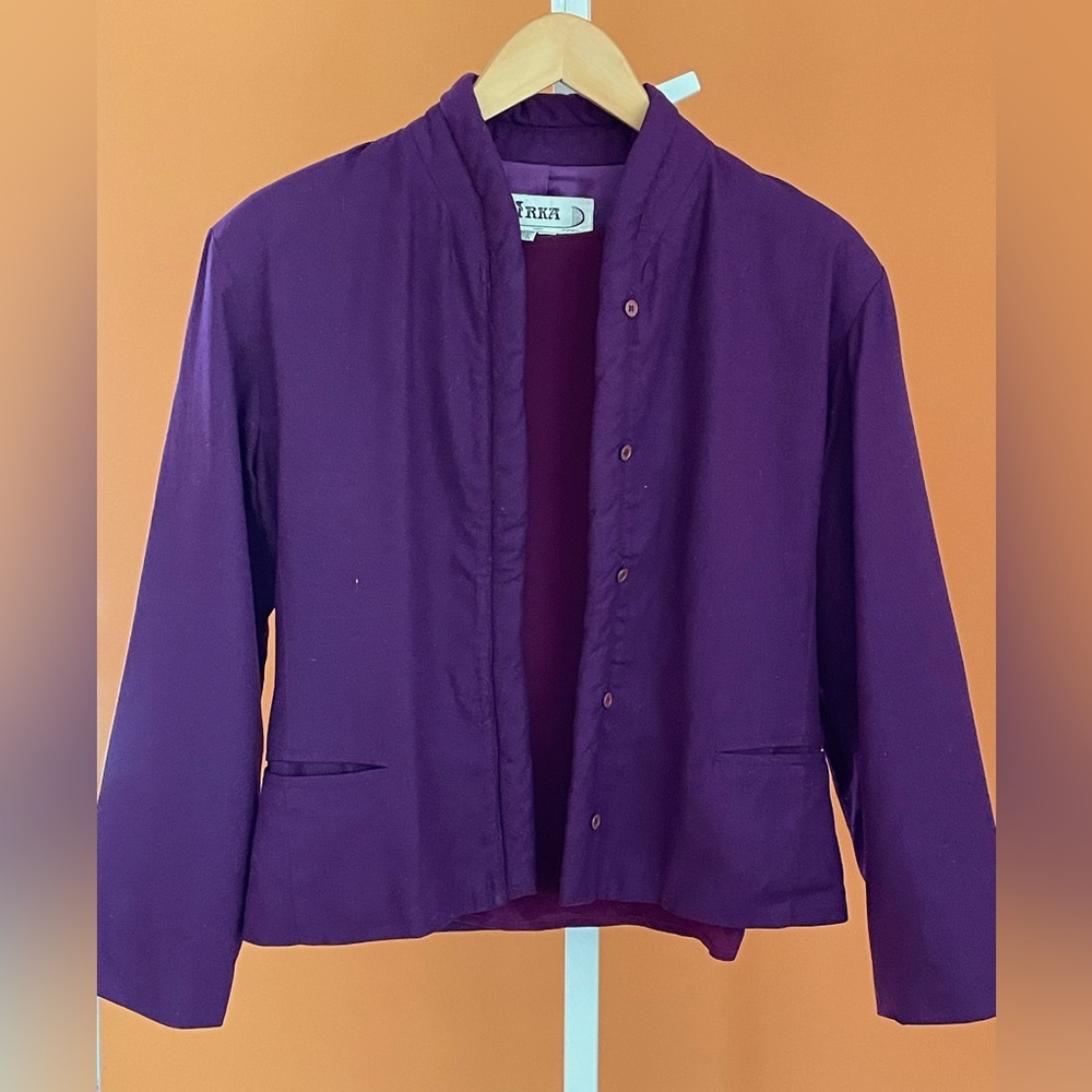 Vintage Minimalist Royal Purple Japanese-styling raw silk collarless jacket